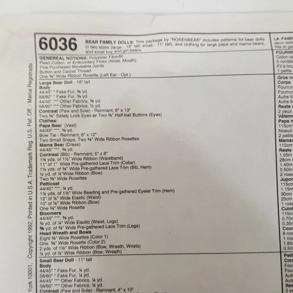 McCall's 6036 Jointed Bear Family Dolls with Clothes: The Rosenbears - Picture 3 of 3